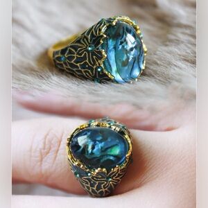 14k Gold Plated Blue tourmaline Statement Ring unisex mens women
